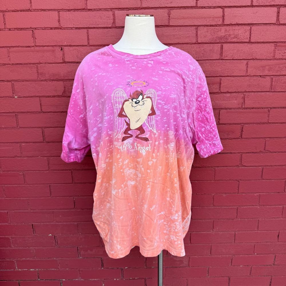 Vtg Looney Tunes Taz 10% Angel Pink Orange Bleach Wash Shirt Oversized‎ Tie Dye